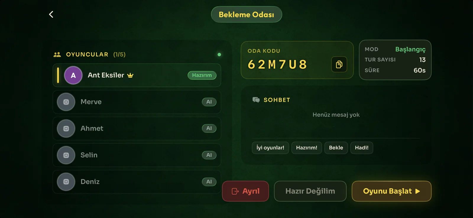 Amerikano multiplayer waiting room with a room code, the round settings and the list of players.