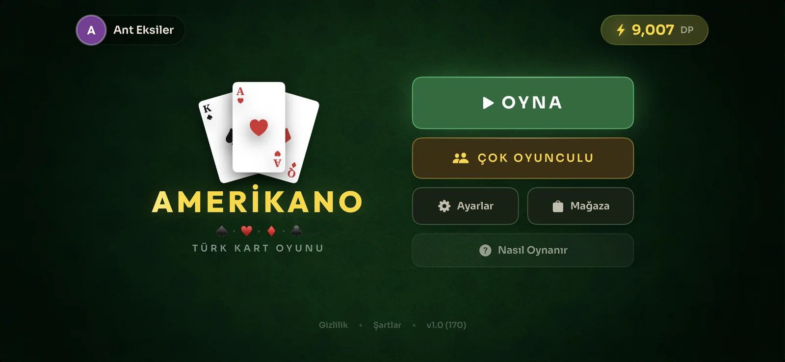 Amerikano main menu with the play and multiplayer buttons beside the card fan logo.