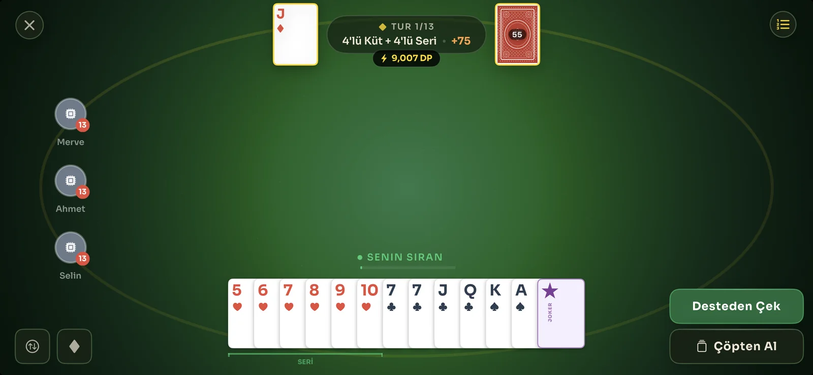 Amerikano in play at the green felt table: the player's hand of cards along the bottom, three opponents on the left and the draw pile at the top.