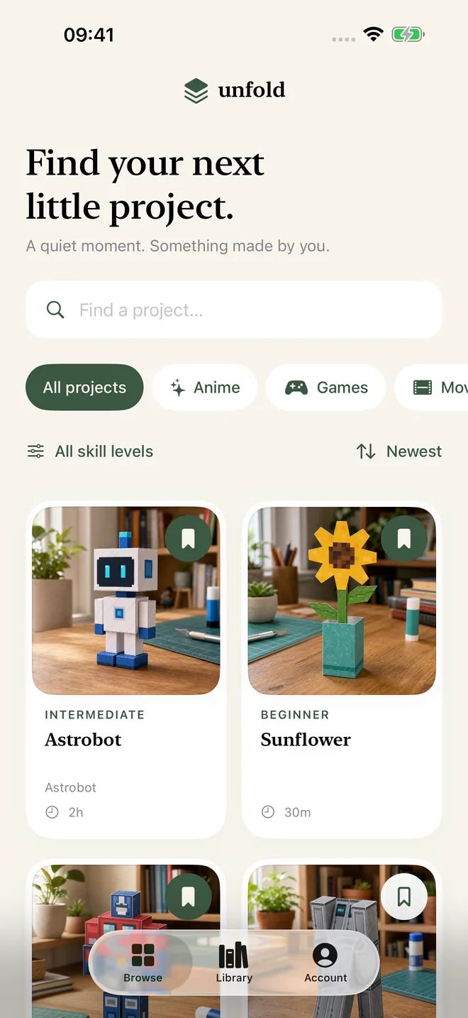 Unfold on iPhone: the Browse screen, headed Find your next little project, with a search field, category filters and model cards.