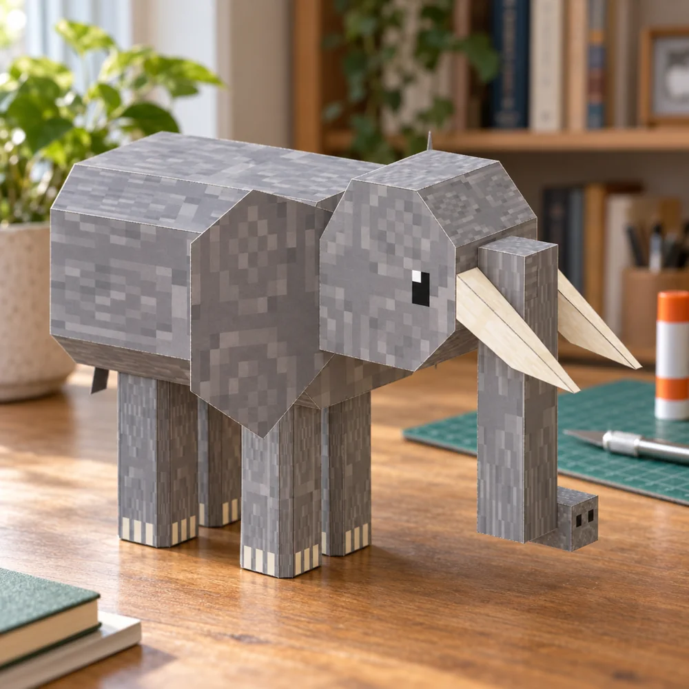 A papercraft elephant with a grey pixel-pattern skin and paper tusks.