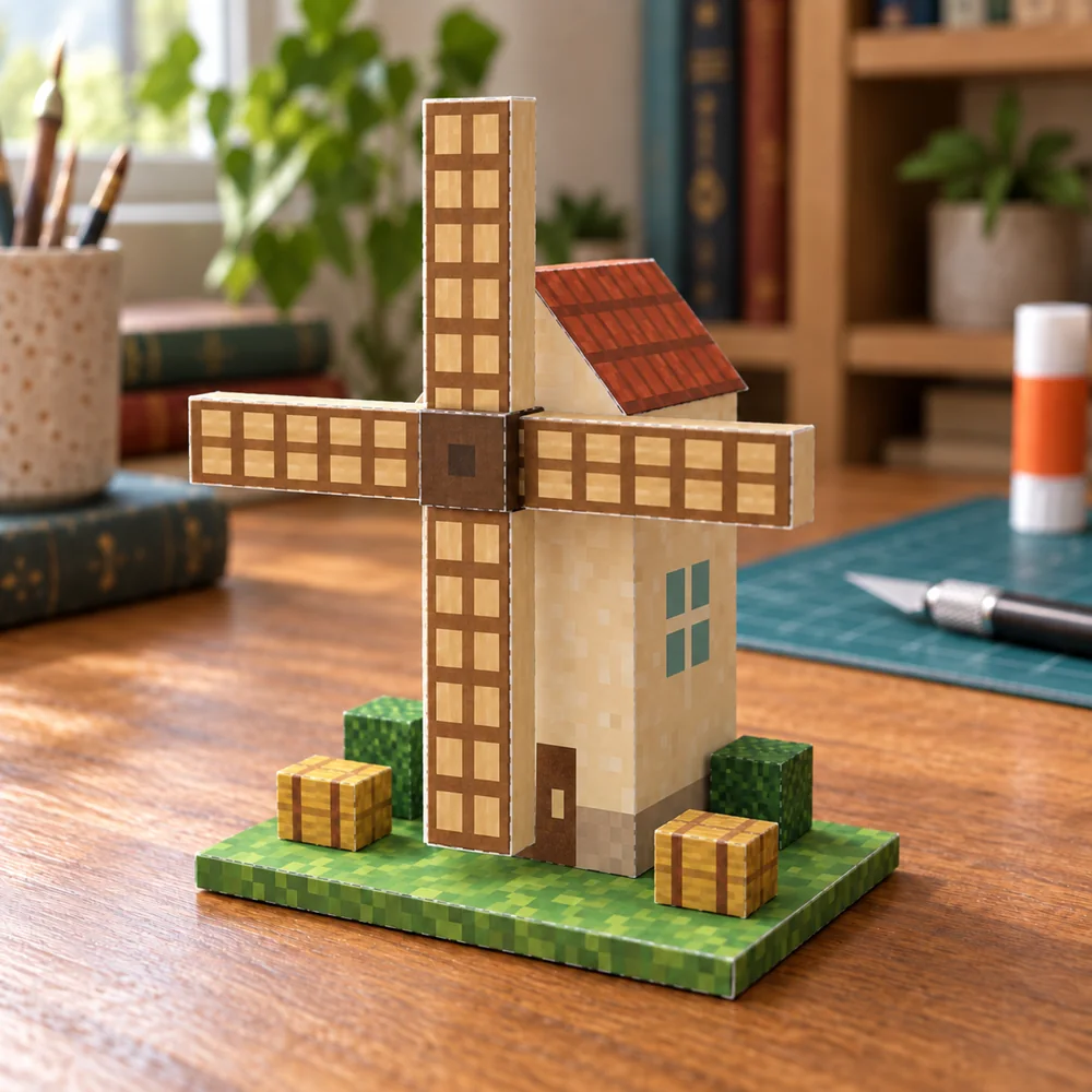 A papercraft farm windmill with lattice sails on a grassy base with hay bales.