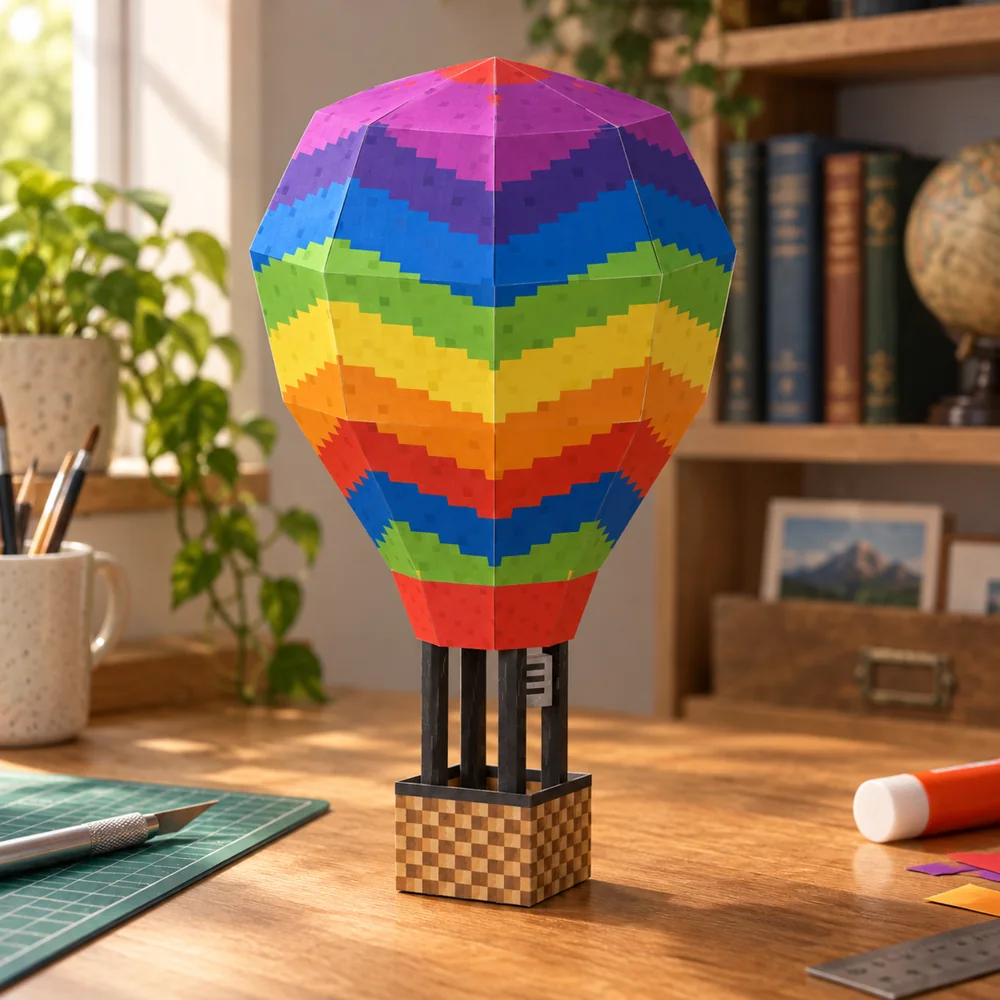 A papercraft hot-air balloon in rainbow pixel stripes over a small basket.