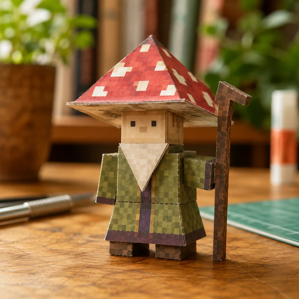 A finished papercraft mushroom wizard with a red spotted hat and a staff, built from pixel-patterned paper, standing on a wooden desk.