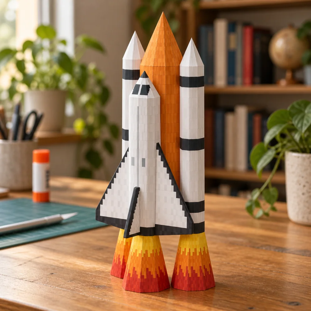 A papercraft space shuttle standing upright between its two boosters and the orange fuel tank.