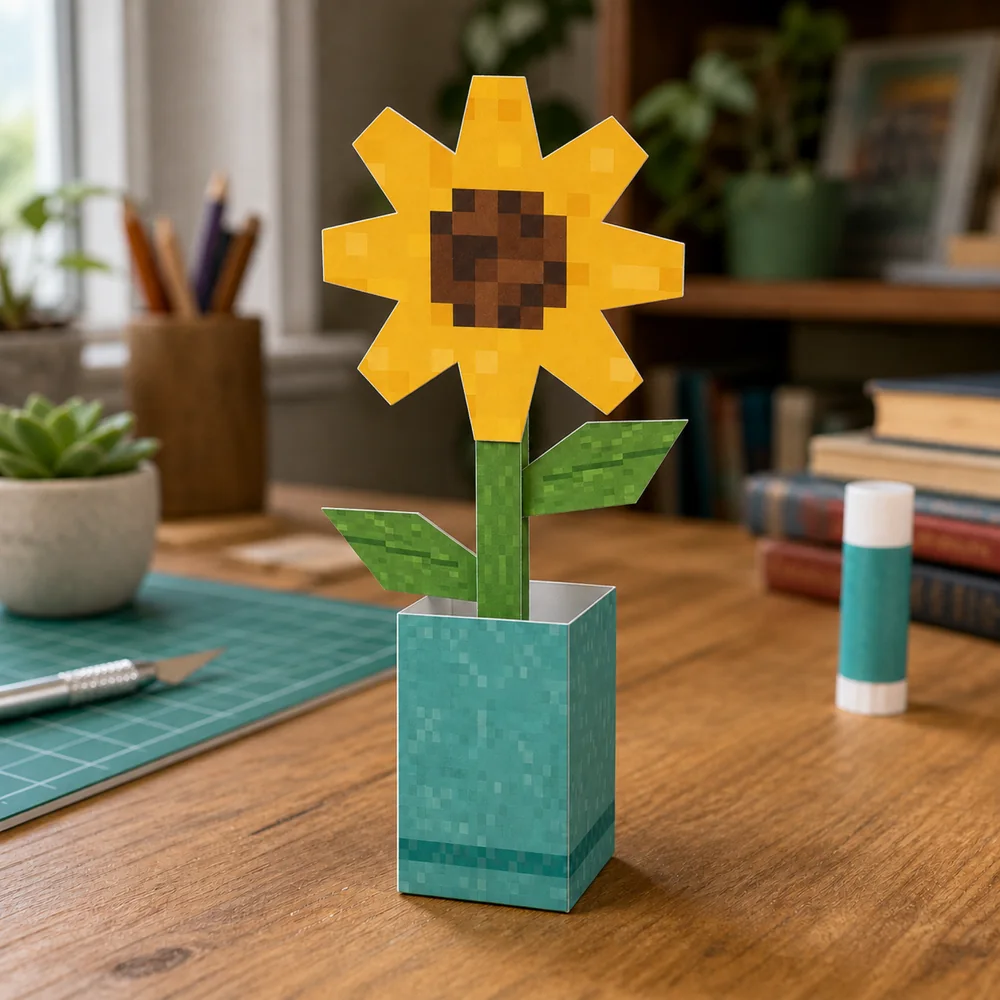 A papercraft sunflower in a teal vase.