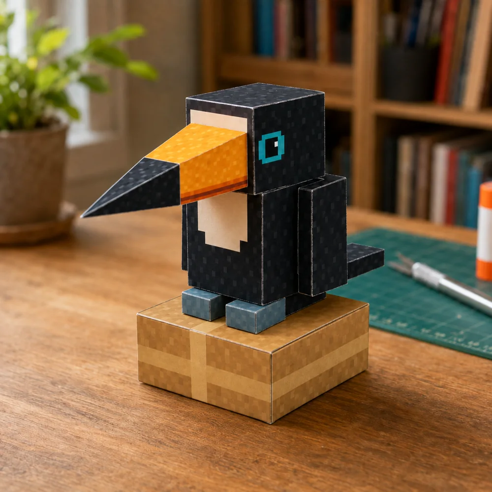 A papercraft toucan with an orange beak perched on a cardboard-patterned box.