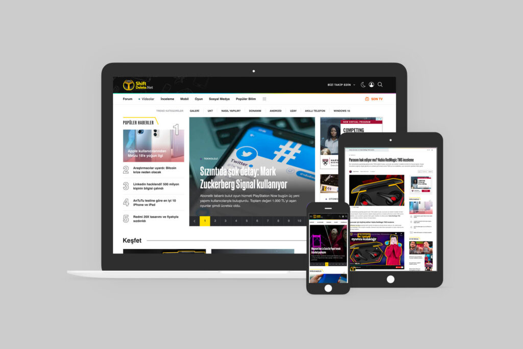 Redesigned ShiftDelete.net shown on a laptop, a tablet and a phone